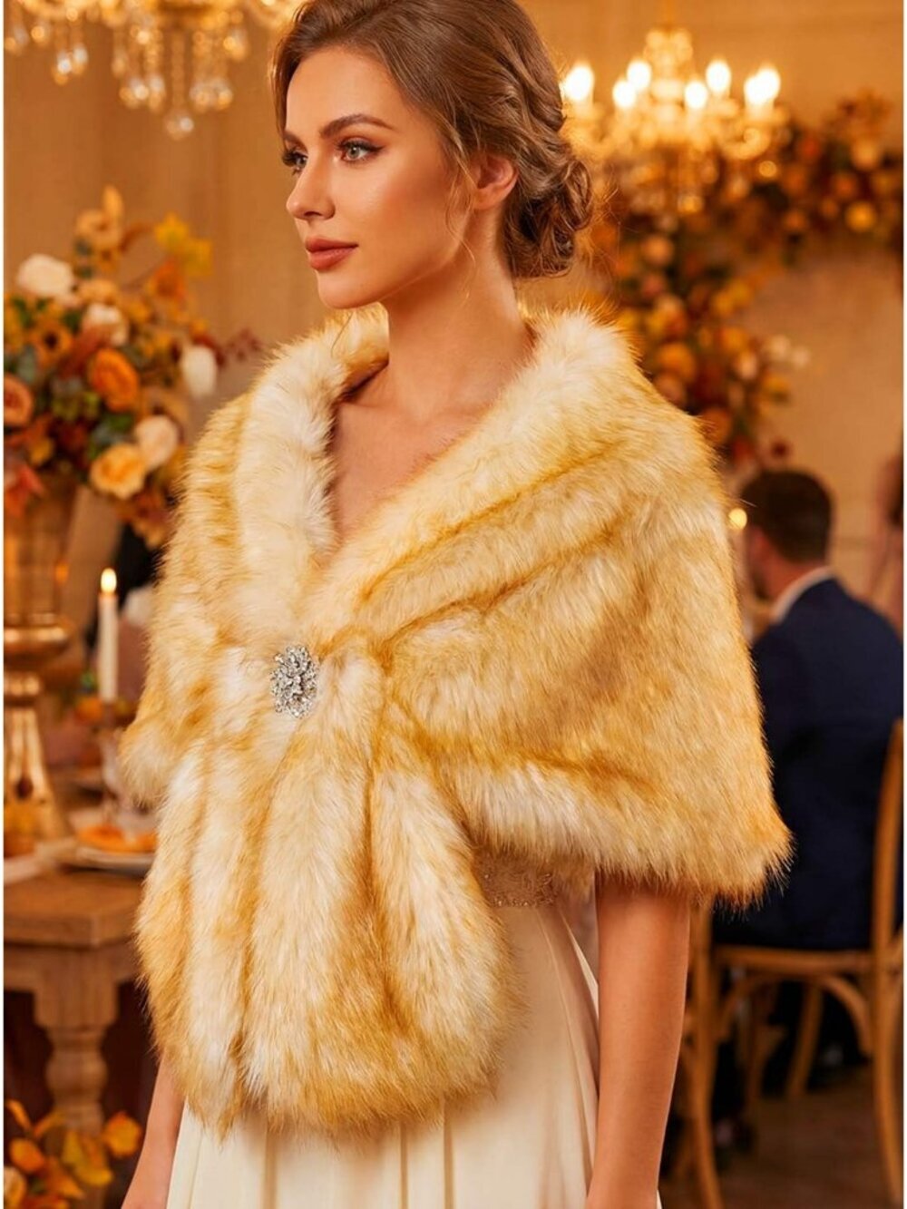 Women's White-champag Faux Fur Shawl Rhinestones Brooch Stylish Wraps and Shawls - Picture 2 of 7
